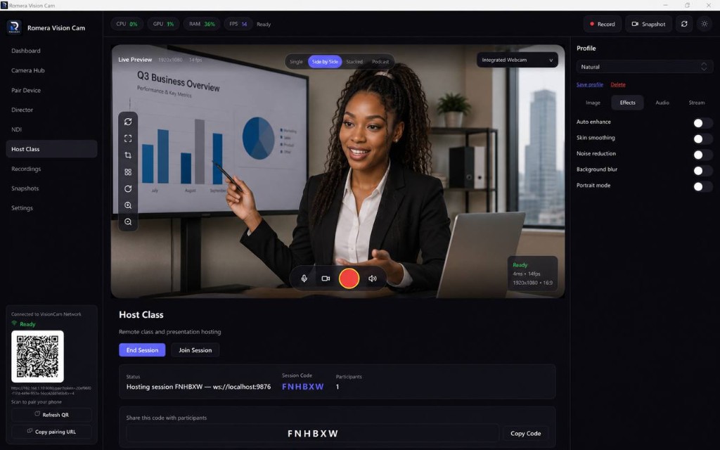 Romera Vision Host Class mode with side-by-side presentation and presenter for online teaching