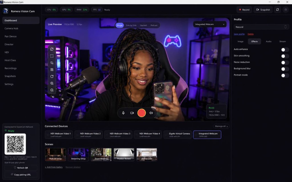 Romera Vision streamer mode with gaming setup and live preview